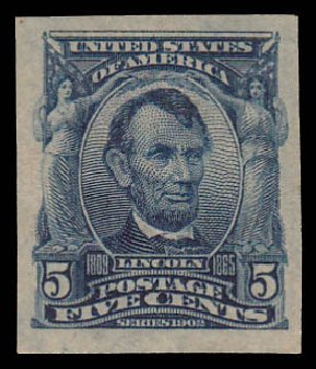 US Stamp Price Scott # 315: 5c 1908 Lincoln Imperf. Daniel Kelleher Auctions, Jan 2015, Sale 663, Lot 1634