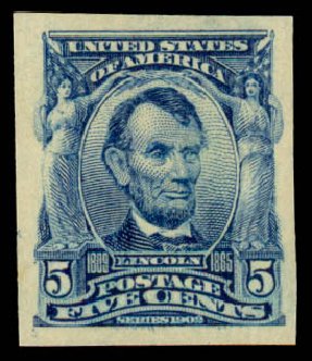 US Stamps Prices Scott Catalogue #315 - 5c 1908 Lincoln Imperf. Daniel Kelleher Auctions, Dec 2013, Sale 640, Lot 295