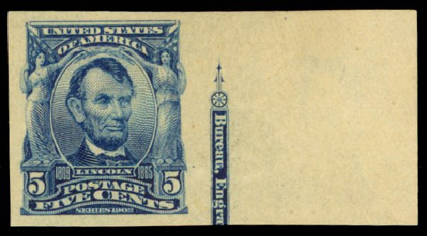 Value of US Stamp Scott # 315: 5c 1908 Lincoln Imperf. Daniel Kelleher Auctions, Oct 2014, Sale 660, Lot 2322