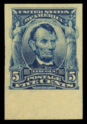US Stamps Value Scott Catalogue #315 - 1908 5c Lincoln Imperf. Daniel Kelleher Auctions, Dec 2014, Sale 661, Lot 282