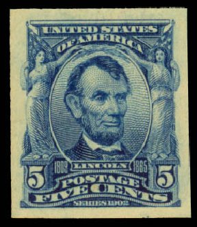 US Stamp Values Scott Cat. 315: 5c 1908 Lincoln Imperf. Daniel Kelleher Auctions, Jan 2015, Sale 663, Lot 1632
