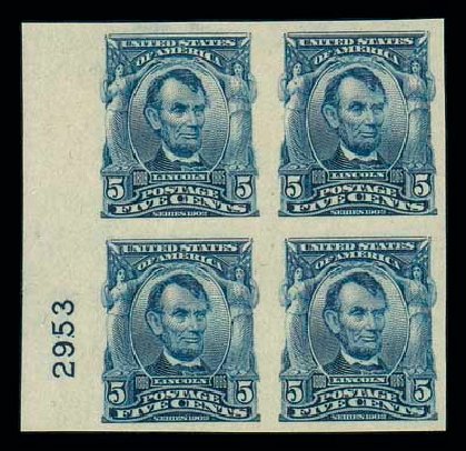Value of US Stamps Scott Cat. 315: 1908 5c Lincoln Imperf. Matthew Bennett International, Jun 2007, Sale 319, Lot 1343