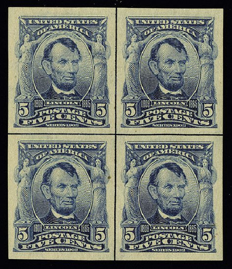Values of US Stamps Scott Cat. # 315: 5c 1908 Lincoln Imperf. H.R. Harmer, May 2014, Sale 3005, Lot 1243