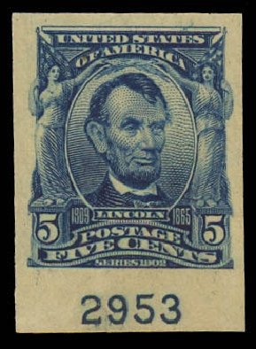 US Stamps Value Scott Catalogue #315 - 1908 5c Lincoln Imperf. Daniel Kelleher Auctions, Jun 2012, Sale 630, Lot 1723