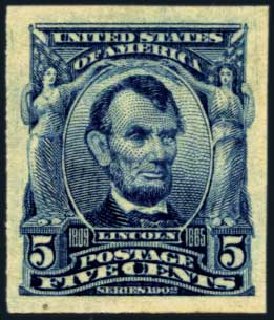 Values of US Stamps Scott Catalogue 315: 1908 5c Lincoln Imperf. Harmer-Schau Auction Galleries, Jan 2014, Sale 100, Lot 556