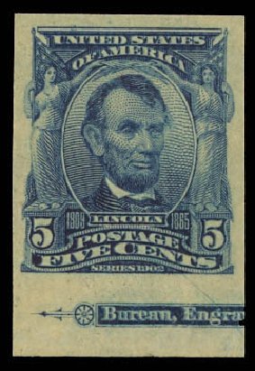 US Stamp Prices Scott Catalog #315: 1908 5c Lincoln Imperf. Daniel Kelleher Auctions, Aug 2012, Sale 631, Lot 1066