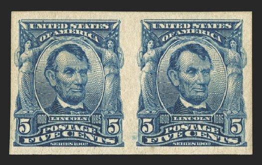 US Stamps Value Scott Catalog #315 - 1908 5c Lincoln Imperf. Spink Shreves Galleries, Jul 2012, Sale 140, Lot 216