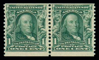 US Stamps Prices Scott Catalogue 318: 1908 1c Franklin Coil. Matthew Bennett International, Oct 2007, Sale 320, Lot 550
