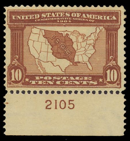 US Stamp Values Scott Catalogue # 327 - 10c 1904 Louisiana Purchase Exposition. Daniel Kelleher Auctions, Jun 2012, Sale 630, Lot 1739