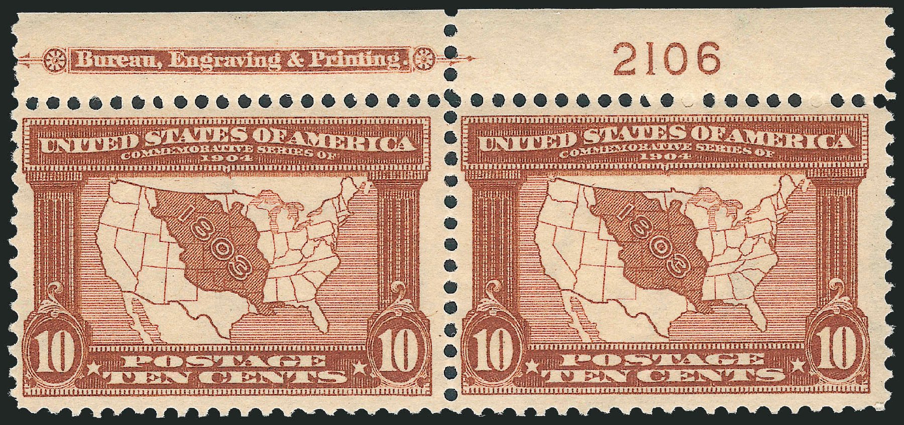 US Stamps Values Scott 327: 1904 10c Louisiana Purchase Exposition. Robert Siegel Auction Galleries, Mar 2013, Sale 1040, Lot 1695