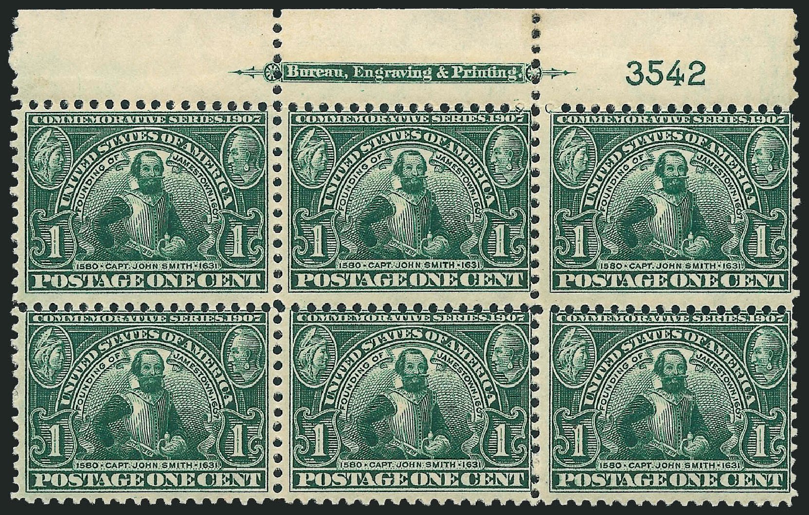 Values of US Stamp Scott Cat. 328 - 1c 1907 Jameston Exposition. Robert Siegel Auction Galleries, Apr 2009, Sale 971, Lot 1380