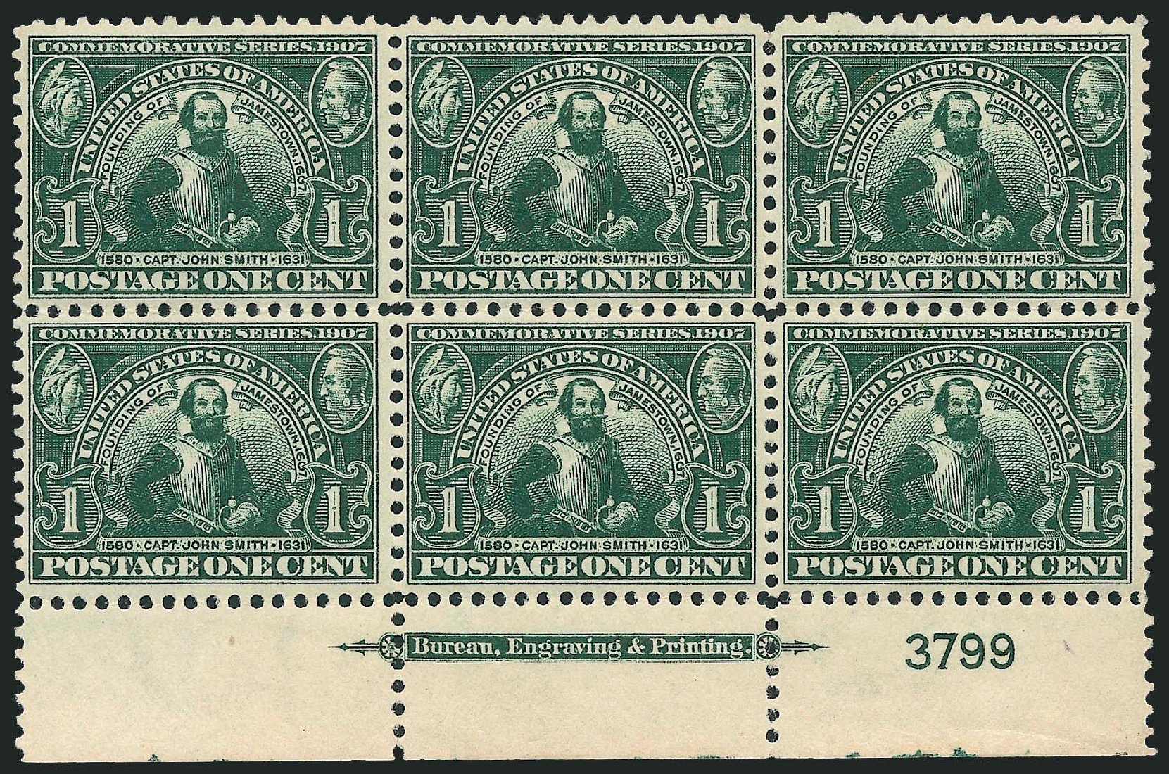 US Stamps Prices Scott 328 - 1907 1c Jameston Exposition. Robert Siegel Auction Galleries, Apr 2009, Sale 971, Lot 1384