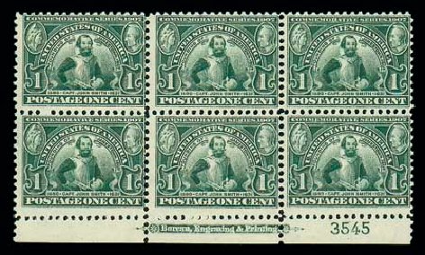 Values of US Stamp Scott # 328 - 1c 1907 Jameston Exposition. Matthew Bennett International, Jun 2007, Sale 319, Lot 1355