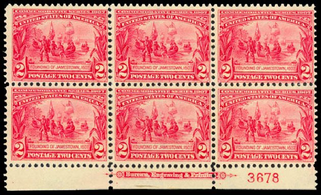 US Stamps Value Scott Catalog #329 - 2c 1907 Jameston Exposition. Daniel Kelleher Auctions, Sep 2013, Sale 639, Lot 3435