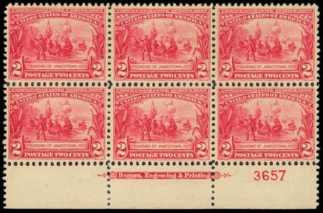 US Stamps Values Scott Cat. #329: 1907 2c Jameston Exposition. Daniel Kelleher Auctions, Jan 2012, Sale 628, Lot 443