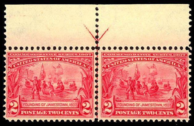 Costs of US Stamps Scott Catalogue 329 - 1907 2c Jameston Exposition. Daniel Kelleher Auctions, Dec 2012, Sale 633, Lot 583