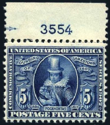 Prices of US Stamps Scott Cat. #330 - 1907 5c Jameston Exposition. Harmer-Schau Auction Galleries, Jun 2008, Sale 78, Lot 1517