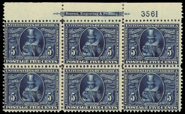 US Stamps Value Scott Catalogue 330: 1907 5c Jameston Exposition. Daniel Kelleher Auctions, Aug 2012, Sale 631, Lot 1088