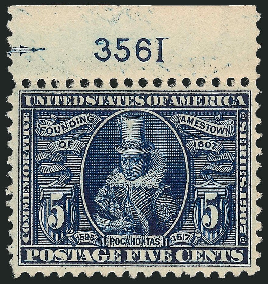 US Stamp Values Scott Catalogue # 330 - 1907 5c Jameston Exposition. Robert Siegel Auction Galleries, Nov 2013, Sale 1061, Lot 3849