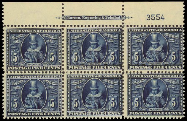 US Stamps Value Scott Cat. # 330 - 5c 1907 Jameston Exposition. Daniel Kelleher Auctions, Aug 2012, Sale 631, Lot 1090