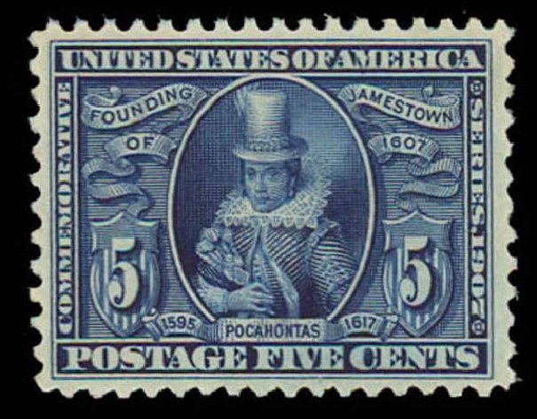 Prices of US Stamps Scott Catalogue 330: 1907 5c Jameston Exposition. Daniel Kelleher Auctions, Oct 2011, Sale 626, Lot 321