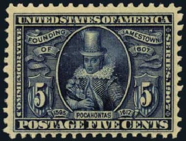Values of US Stamps Scott Catalog # 330 - 5c 1907 Jameston Exposition. Harmer-Schau Auction Galleries, Oct 2011, Sale 91, Lot 274