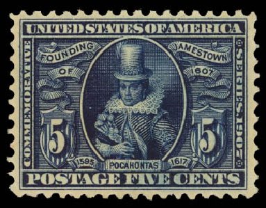 US Stamps Prices Scott Cat. 330 - 1907 5c Jameston Exposition. Daniel Kelleher Auctions, Jan 2012, Sale 628, Lot 444
