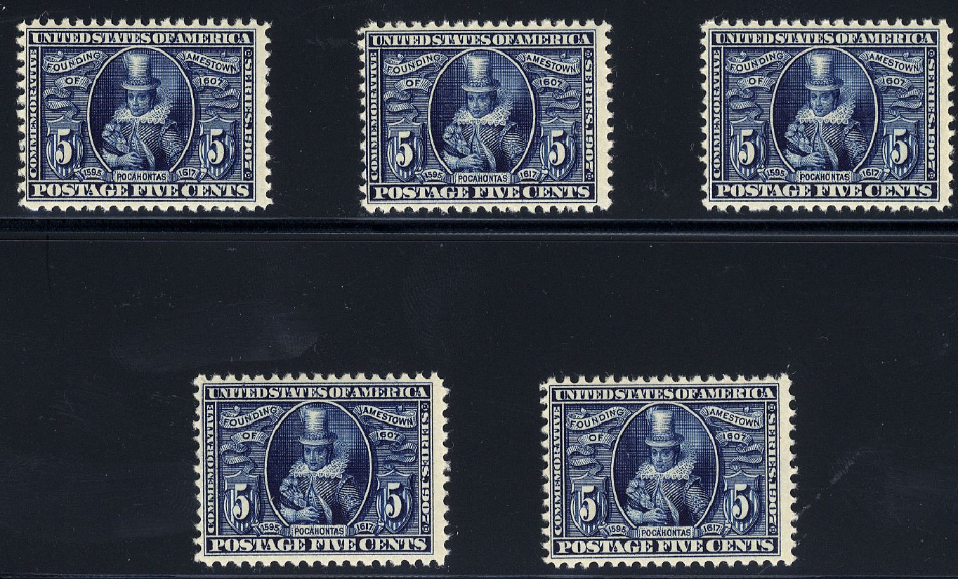US Stamps Values Scott Catalog #330 - 5c 1907 Jameston Exposition. Cherrystone Auctions, May 2008, Sale 200805, Lot 243