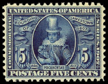 Values of US Stamp Scott Catalogue #330 - 1907 5c Jameston Exposition. Daniel Kelleher Auctions, Sep 2014, Sale 655, Lot 403