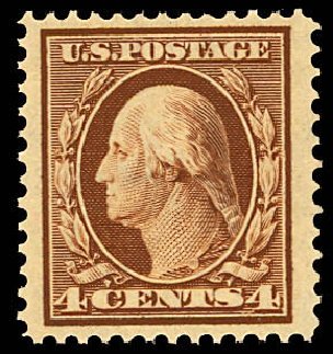 US Stamps Values Scott # 334 - 4c 1908 Washington. Daniel Kelleher Auctions, Dec 2012, Sale 633, Lot 586