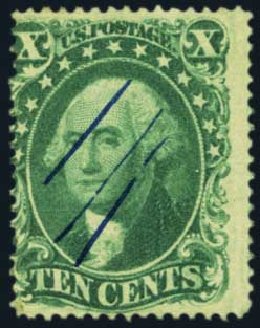 Value of US Stamps Scott Catalogue # 34: 1857 10c Washington. Harmer-Schau Auction Galleries, Aug 2012, Sale 94, Lot 1061