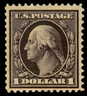 Values of US Stamps Scott Catalog 342: US$1.00 1909 Washington. Daniel Kelleher Auctions, Apr 2013, Sale 636, Lot 299
