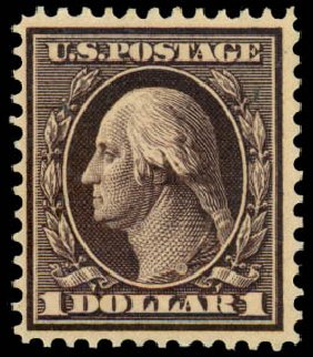 US Stamp Values Scott Cat. 342: US$1.00 1909 Washington. Daniel Kelleher Auctions, Dec 2013, Sale 640, Lot 324