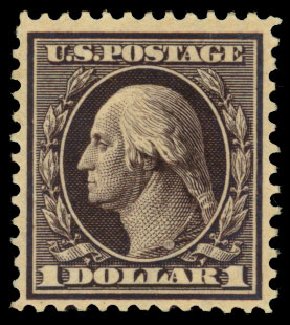 US Stamps Value Scott Cat. # 342: US$1.00 1909 Washington. Daniel Kelleher Auctions, Dec 2013, Sale 640, Lot 323