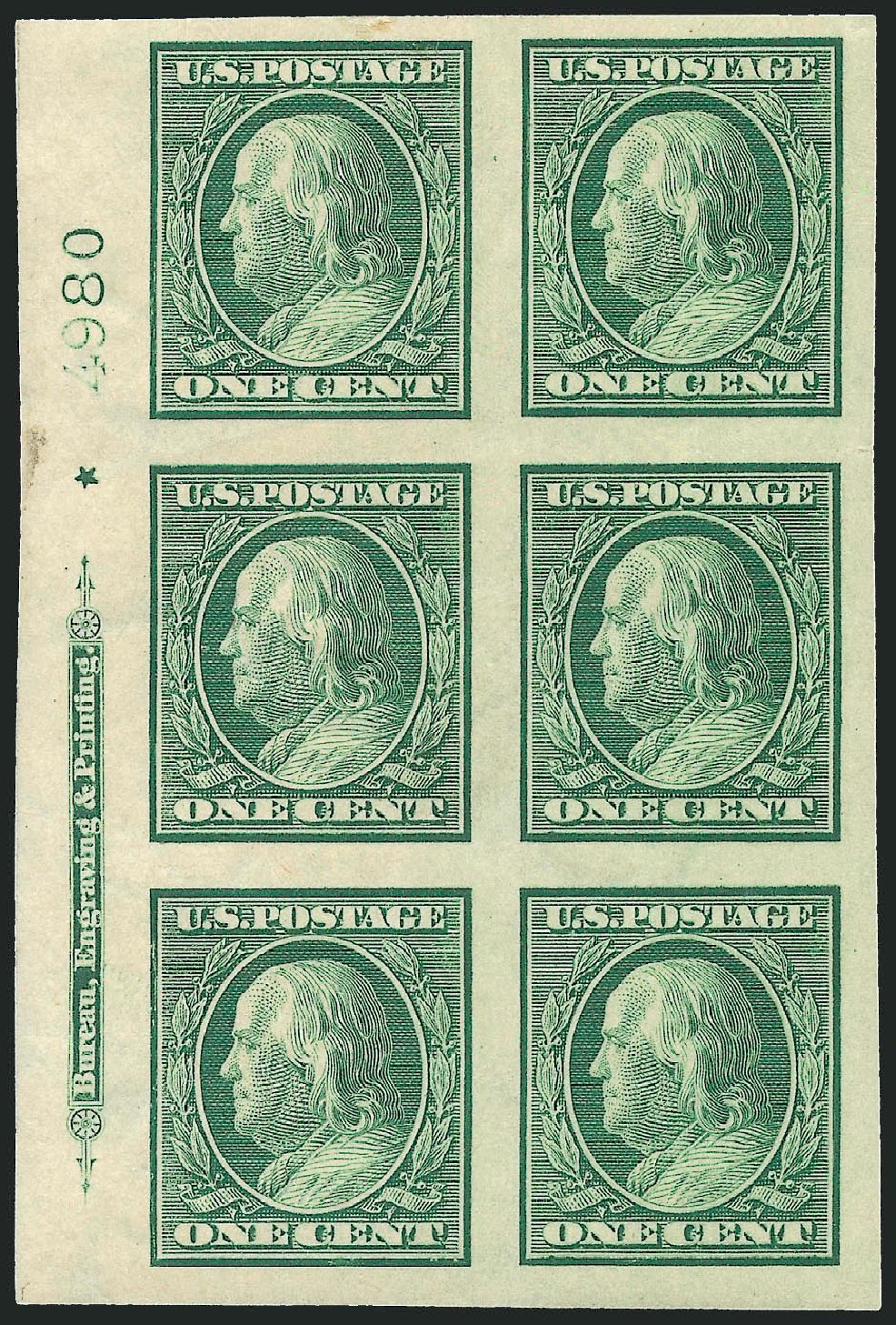 Values of US Stamps Scott Catalogue 343: 1908 1c Franklin Imperf. Robert Siegel Auction Galleries, Apr 2009, Sale 971, Lot 1517