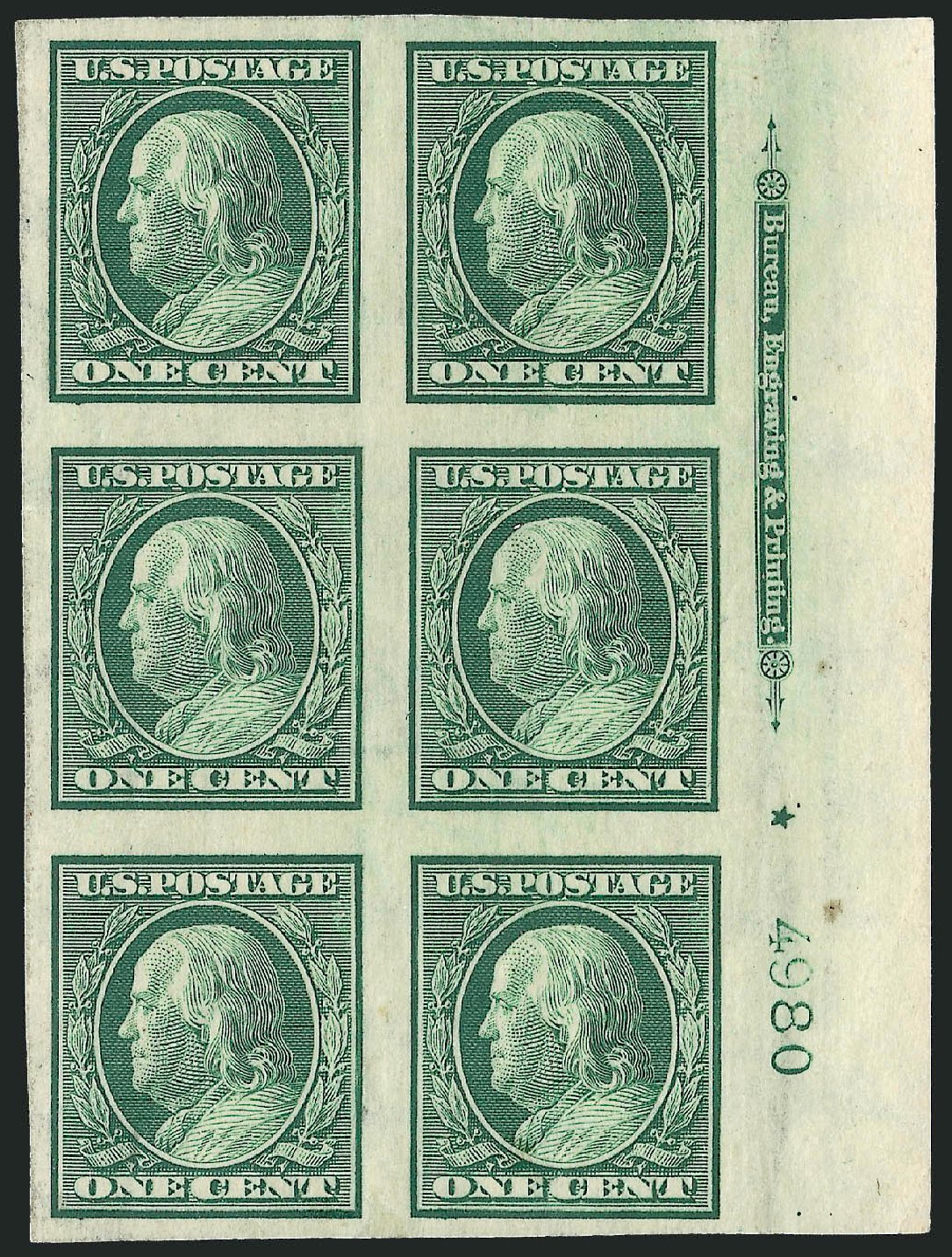 Values of US Stamp Scott Cat. 343: 1908 1c Franklin Imperf. Robert Siegel Auction Galleries, Apr 2009, Sale 971, Lot 1518