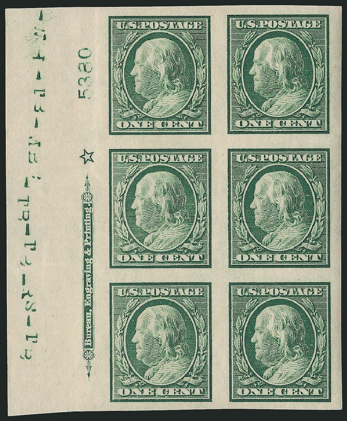 US Stamps Value Scott Cat. 343: 1c 1908 Franklin Imperf. Robert Siegel Auction Galleries, Apr 2009, Sale 971, Lot 1528