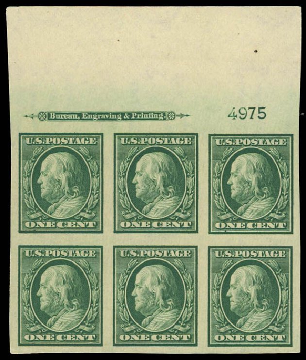 US Stamps Value Scott Catalogue #343: 1c 1908 Franklin Imperf. Daniel Kelleher Auctions, Apr 2012, Sale 629, Lot 301