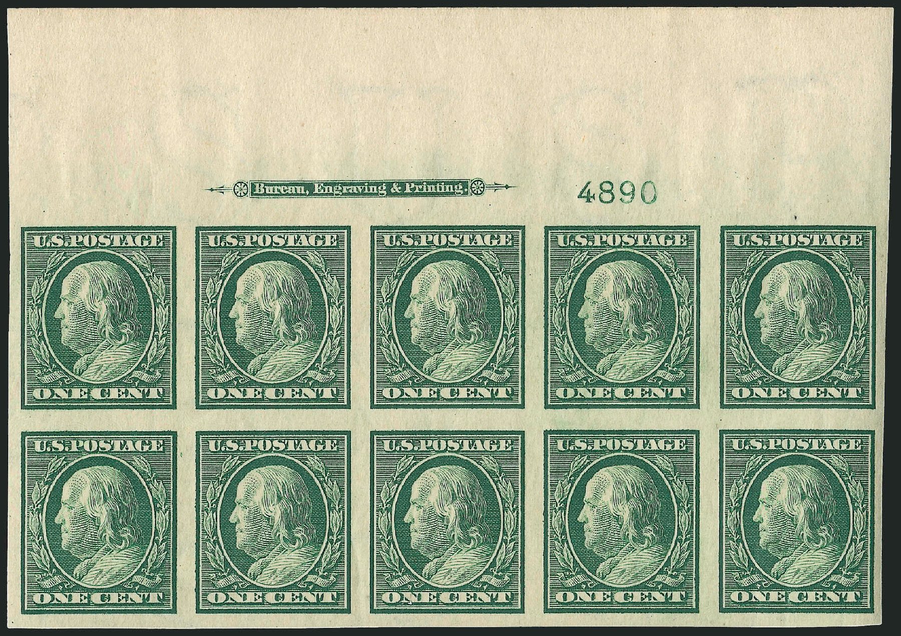 US Stamp Price Scott Catalogue # 343: 1908 1c Franklin Imperf. Robert Siegel Auction Galleries, Apr 2009, Sale 971, Lot 1523