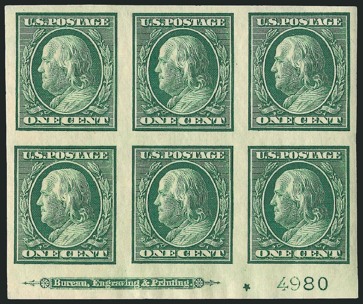 US Stamp Values Scott Catalogue 343: 1c 1908 Franklin Imperf. Robert Siegel Auction Galleries, Apr 2009, Sale 971, Lot 1516