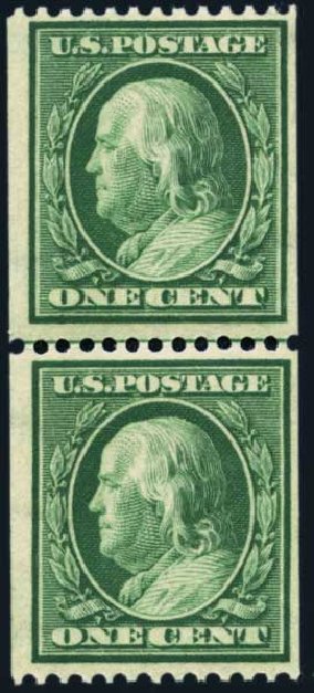 US Stamp Values Scott # 348: 1908 1c Franklin Coil. Harmer-Schau Auction Galleries, Nov 2014, Sale 103, Lot 127