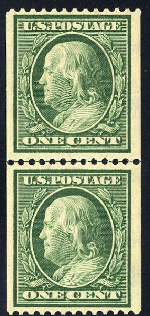 US Stamps Prices Scott 348 - 1908 1c Franklin Coil. Cherrystone Auctions, Jan 2008, Sale 200801, Lot 1199