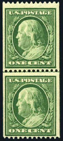 US Stamp Values Scott Catalogue # 348 - 1908 1c Franklin Coil. Harmer-Schau Auction Galleries, Oct 2008, Sale 79, Lot 179