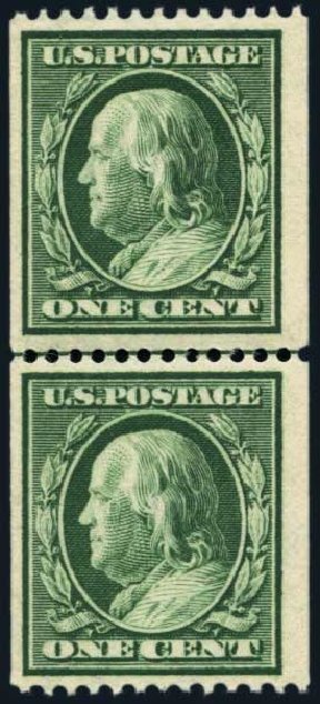 Cost of US Stamp Scott Cat. 348 - 1c 1908 Franklin Coil. Harmer-Schau Auction Galleries, Jan 2014, Sale 100, Lot 570