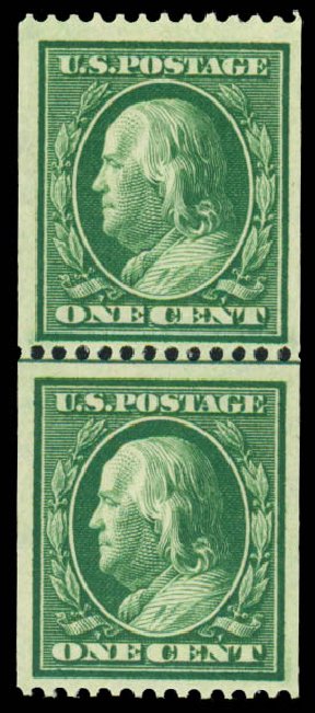 Prices of US Stamp Scott Catalogue 348 - 1908 1c Franklin Coil. Daniel Kelleher Auctions, Sep 2013, Sale 639, Lot 3450