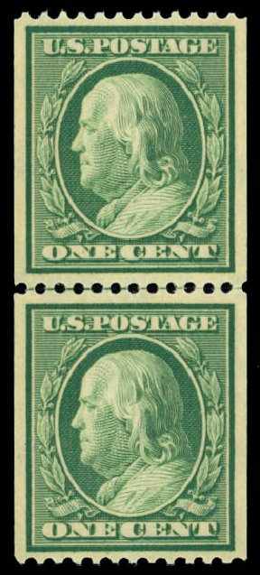 US Stamp Values Scott Cat. 348: 1908 1c Franklin Coil. Daniel Kelleher Auctions, Dec 2014, Sale 661, Lot 300