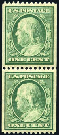 US Stamps Value Scott Cat. # 348 - 1908 1c Franklin Coil. Harmer-Schau Auction Galleries, Feb 2009, Sale 80, Lot 1294