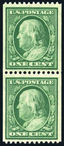 Value of US Stamp Scott Catalog #348: 1c 1908 Franklin Coil. Harmer-Schau Auction Galleries, Feb 2009, Sale 80, Lot 1295