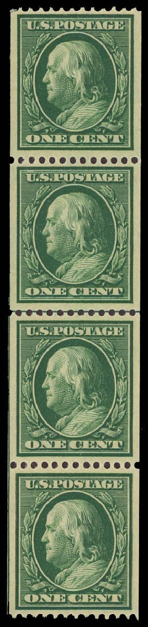 US Stamp Values Scott Cat. 348 - 1908 1c Franklin Coil. Daniel Kelleher Auctions, Oct 2012, Sale 632, Lot 1282