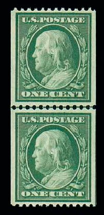 Values of US Stamp Scott Catalog #348 - 1908 1c Franklin Coil. Matthew Bennett International, Dec 2007, Sale 325, Lot 1973